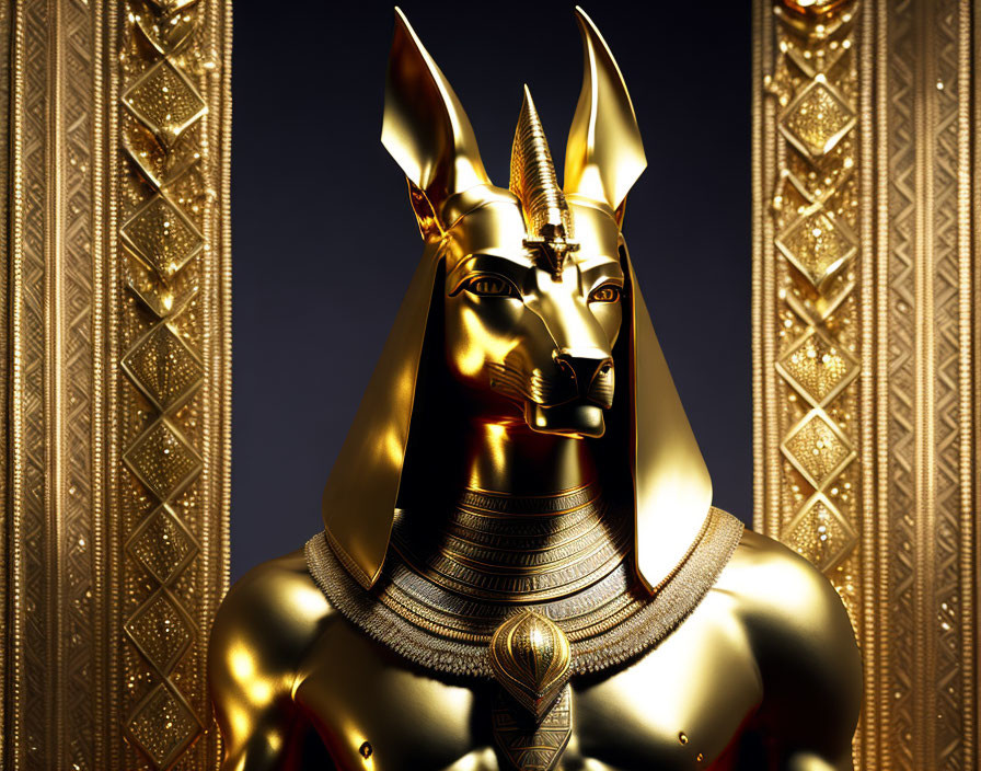 Golden Anubis Statue with Intricate Headdress on Patterned Background