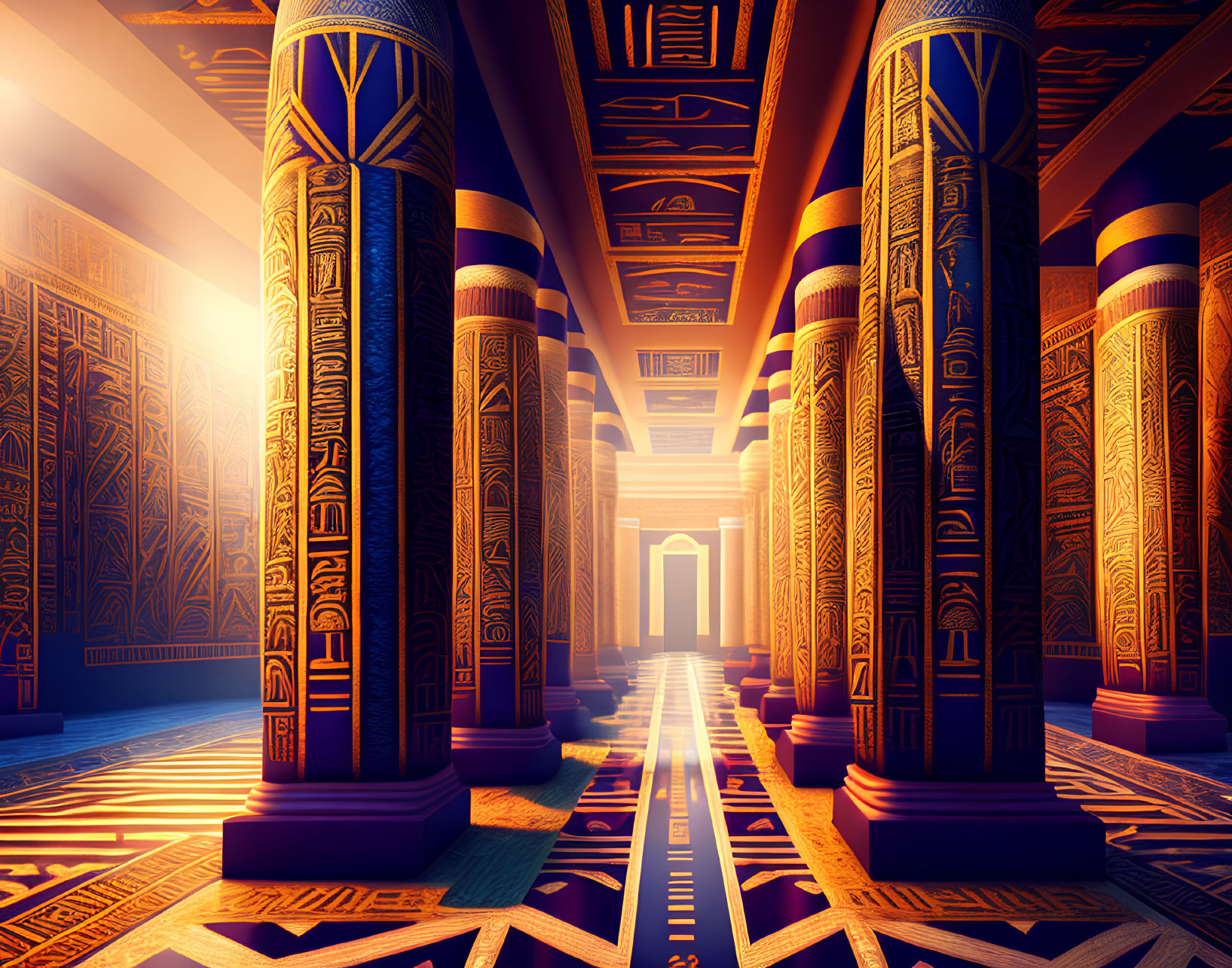Ancient Egyptian temple with hieroglyph-covered columns and wall carvings