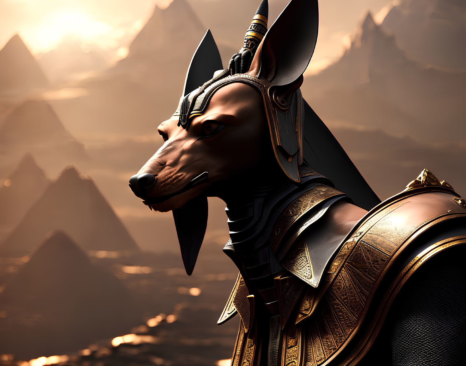 Ancient Egyptian god Anubis digital art with golden armor and mountains