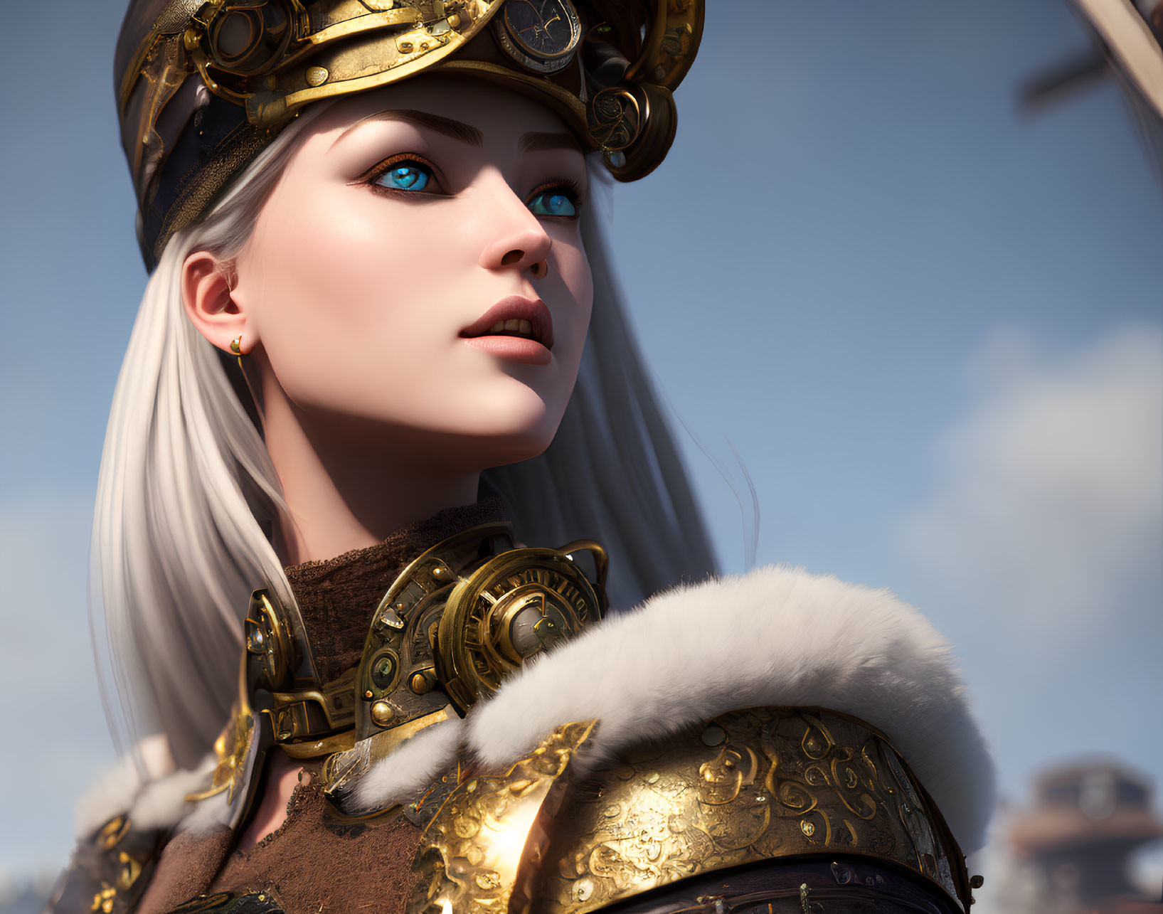 Pale-skinned woman in golden armor with blue eyes and white hair in 3D render