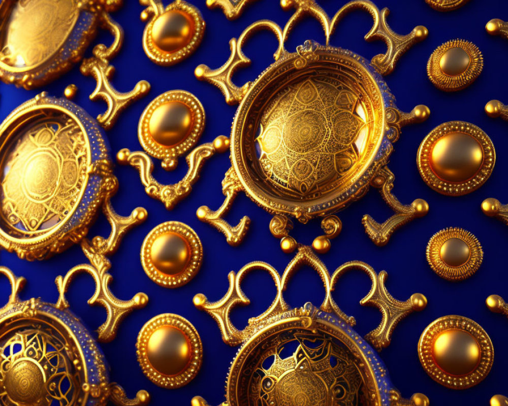 Intricate Golden Ornate Patterns on Deep Blue Background