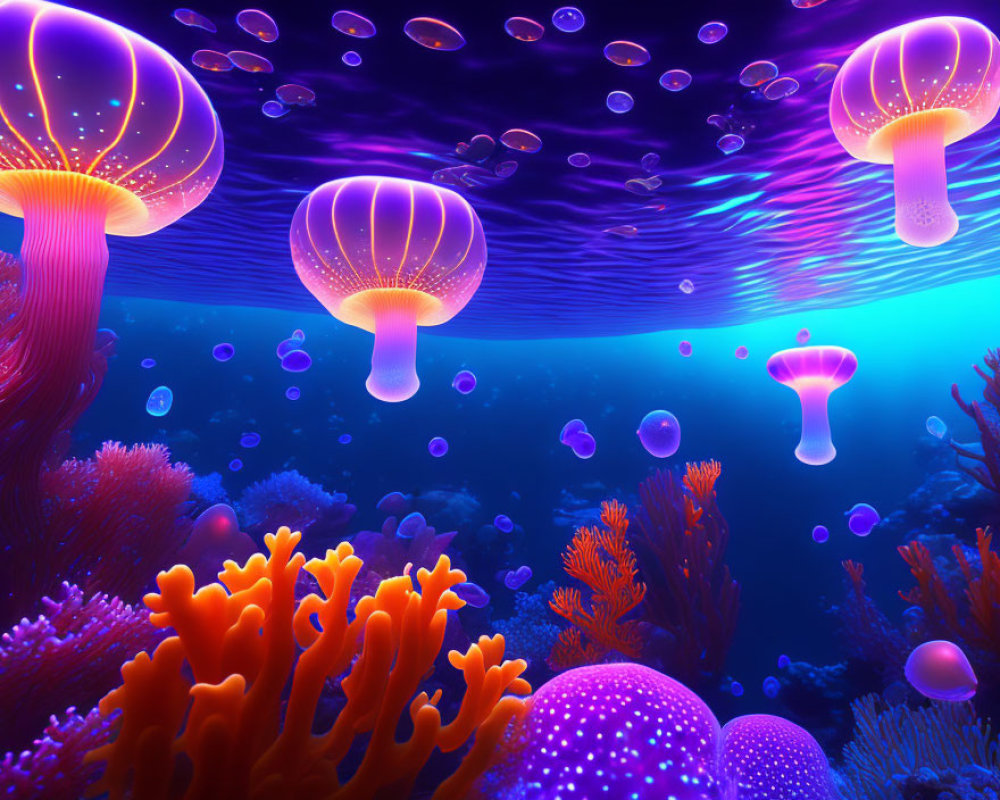 Colorful Jellyfish and Coral Reef in Tranquil Underwater Scene