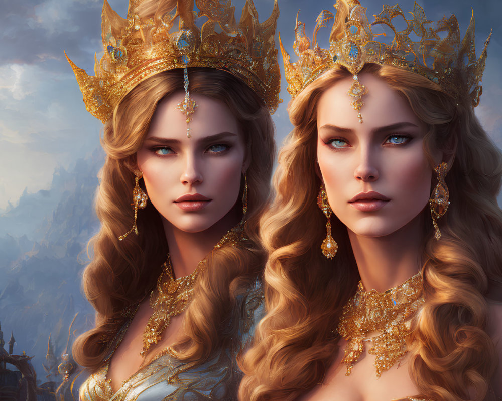 Two regal women in golden crowns and jewelry against mountain backdrop