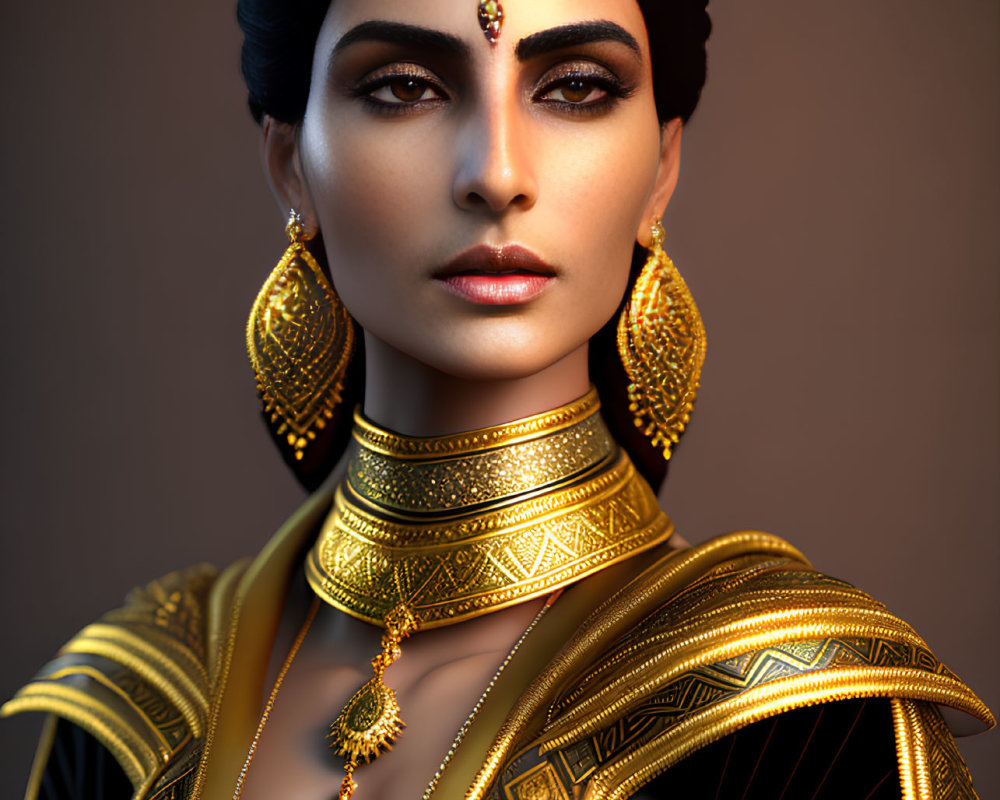 Elaborate Gold Jewelry on Woman with Sophisticated Makeup