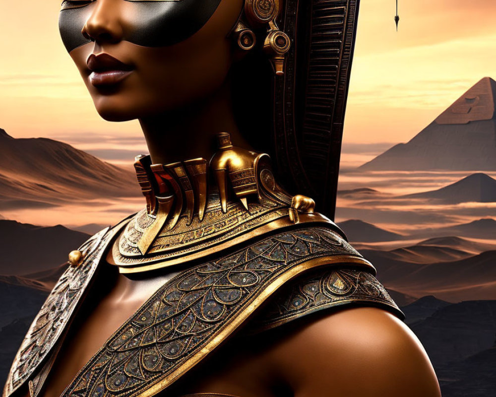 Egyptian Woman in Gold and Black Attire Against Desert Pyramids