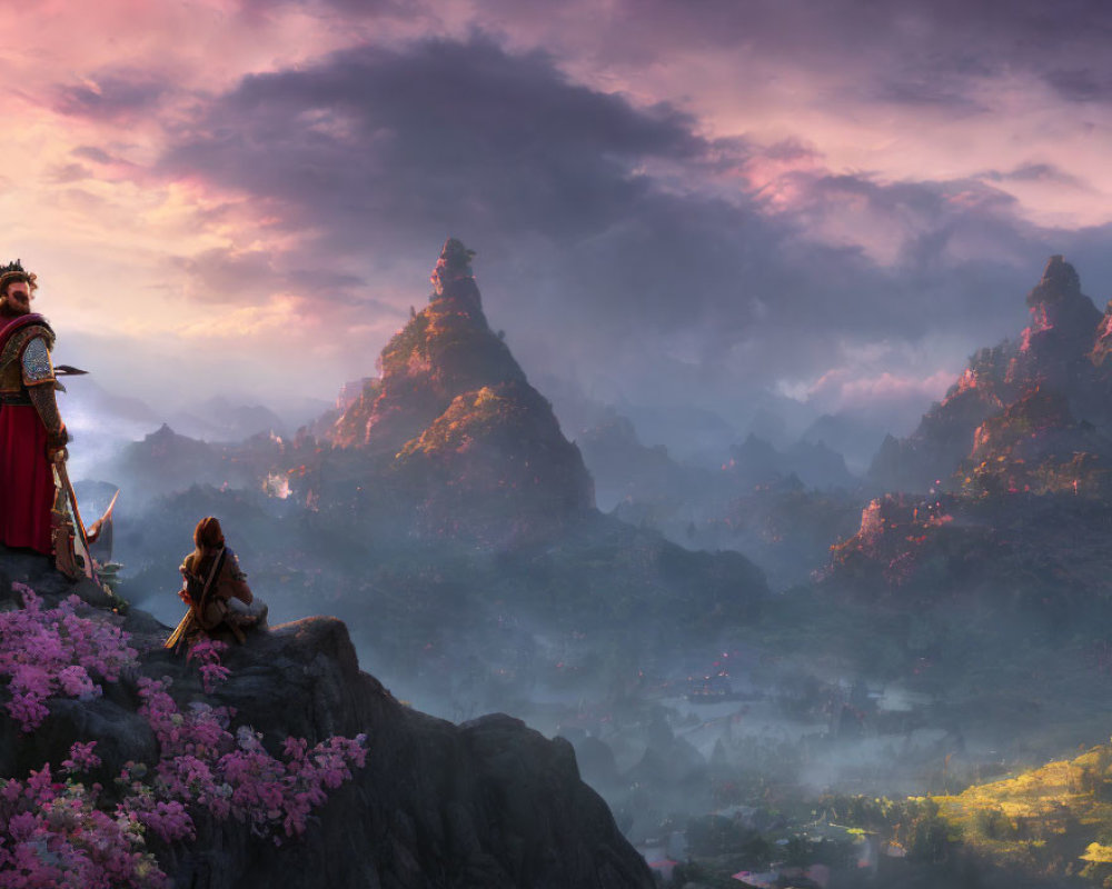 Ancient warriors in mystical valley at sunset with pink blossoms