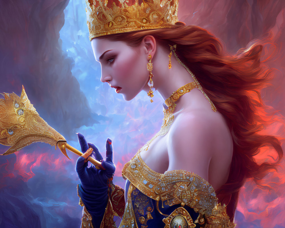 Regal woman in gold crown and armor with red hair holding a scepter