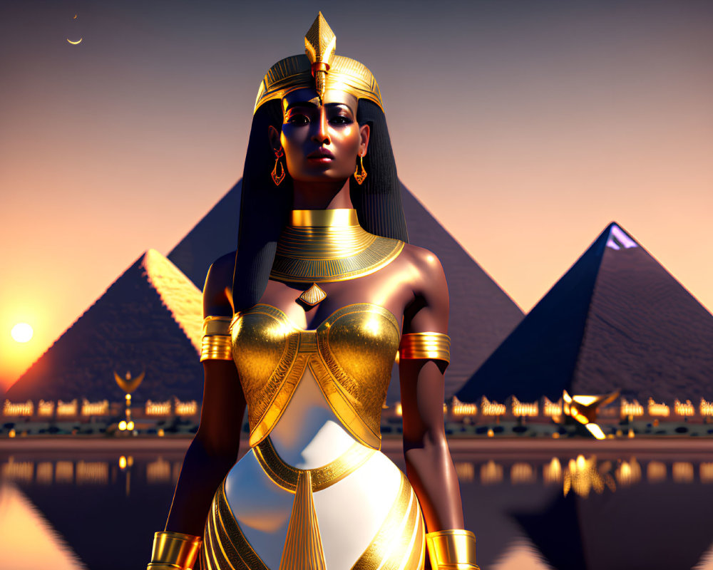 Digital Artwork: Stylized Egyptian Queen with Pyramids at Sunset
