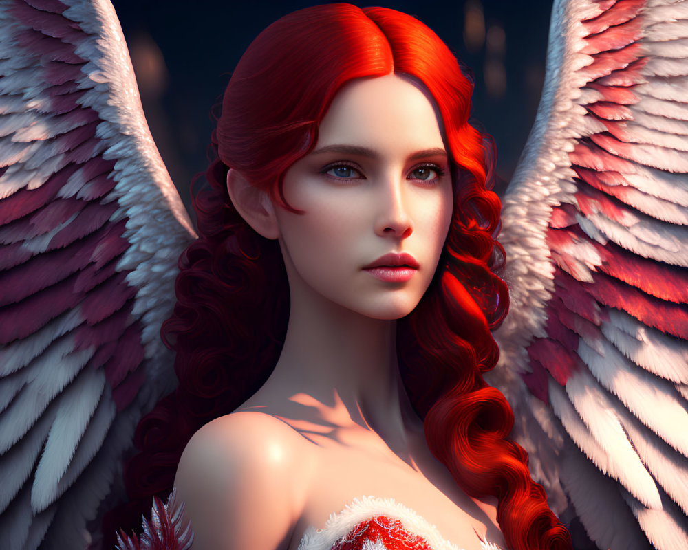 Digital art portrait: Woman with red hair and angel wings in mystical forest