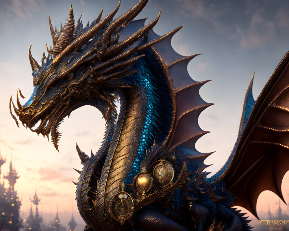 Blue-Scaled Dragon with Golden Accents in Fantasy Dusk Skyline
