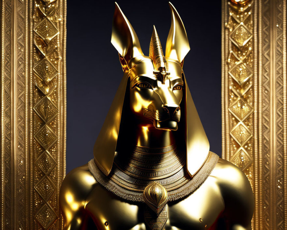 Golden Anubis Statue with Intricate Headdress on Patterned Background