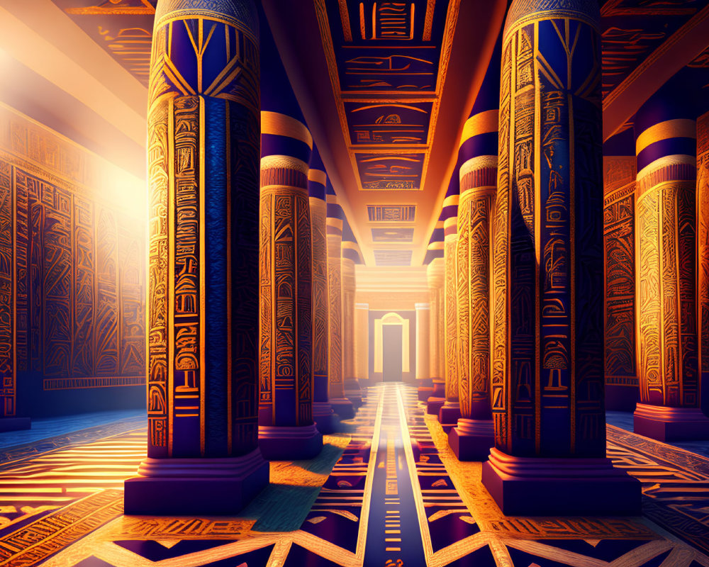 Ancient Egyptian temple with hieroglyph-covered columns and wall carvings