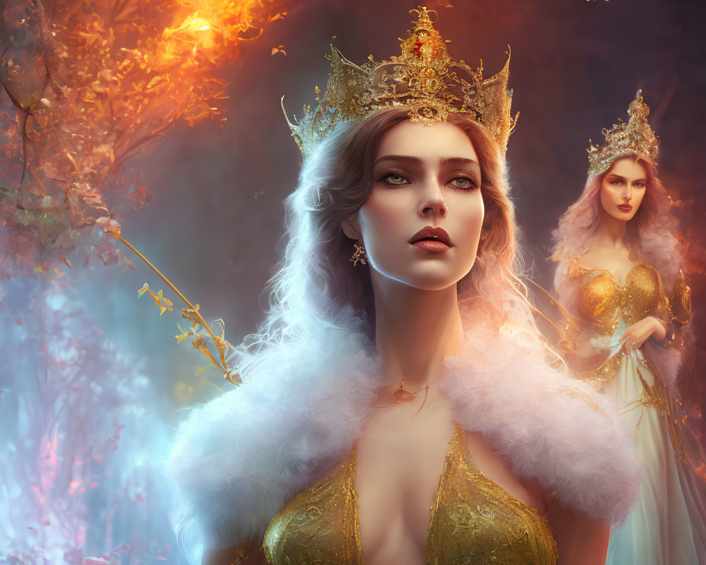 Regal women in golden gowns and crowns in mystical autumnal setting