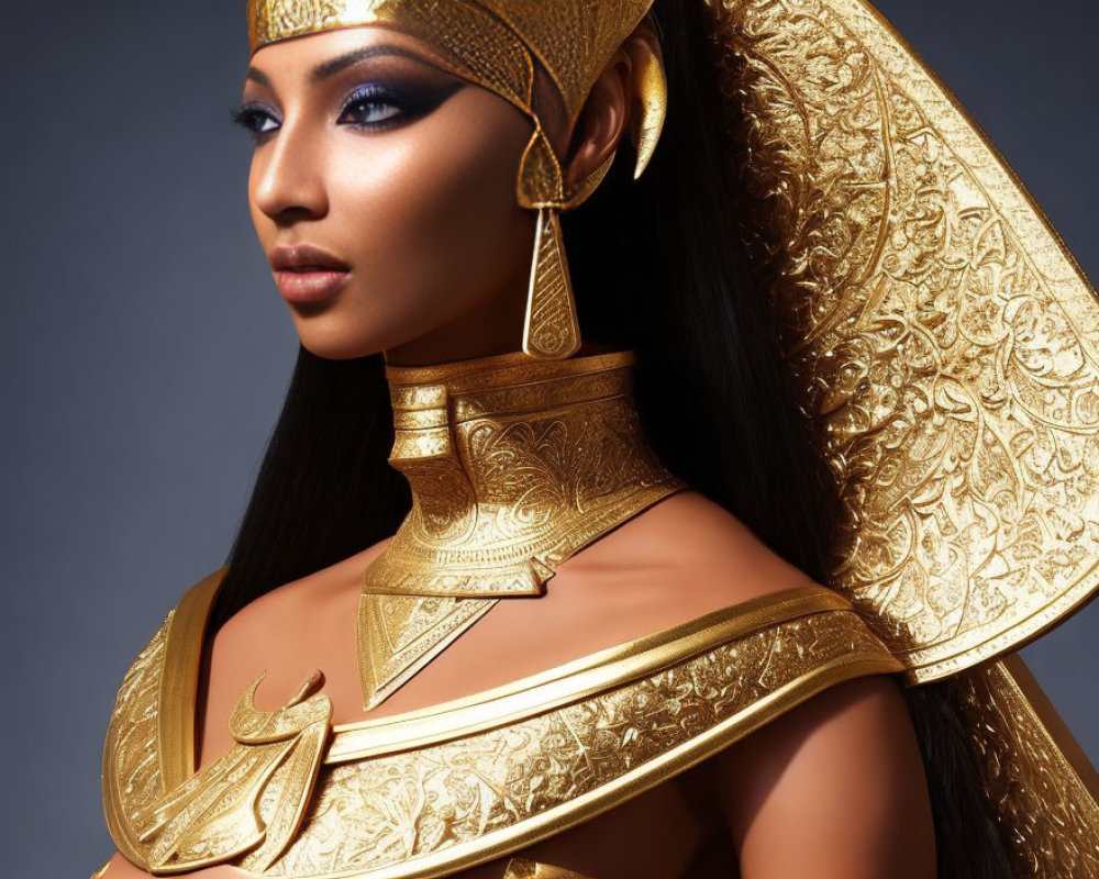 Ancient Egyptian-inspired woman in golden costume and headdress.