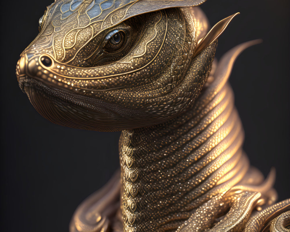 Detailed Golden Dragon Sculpture with Intricate Patterns on Dark Background