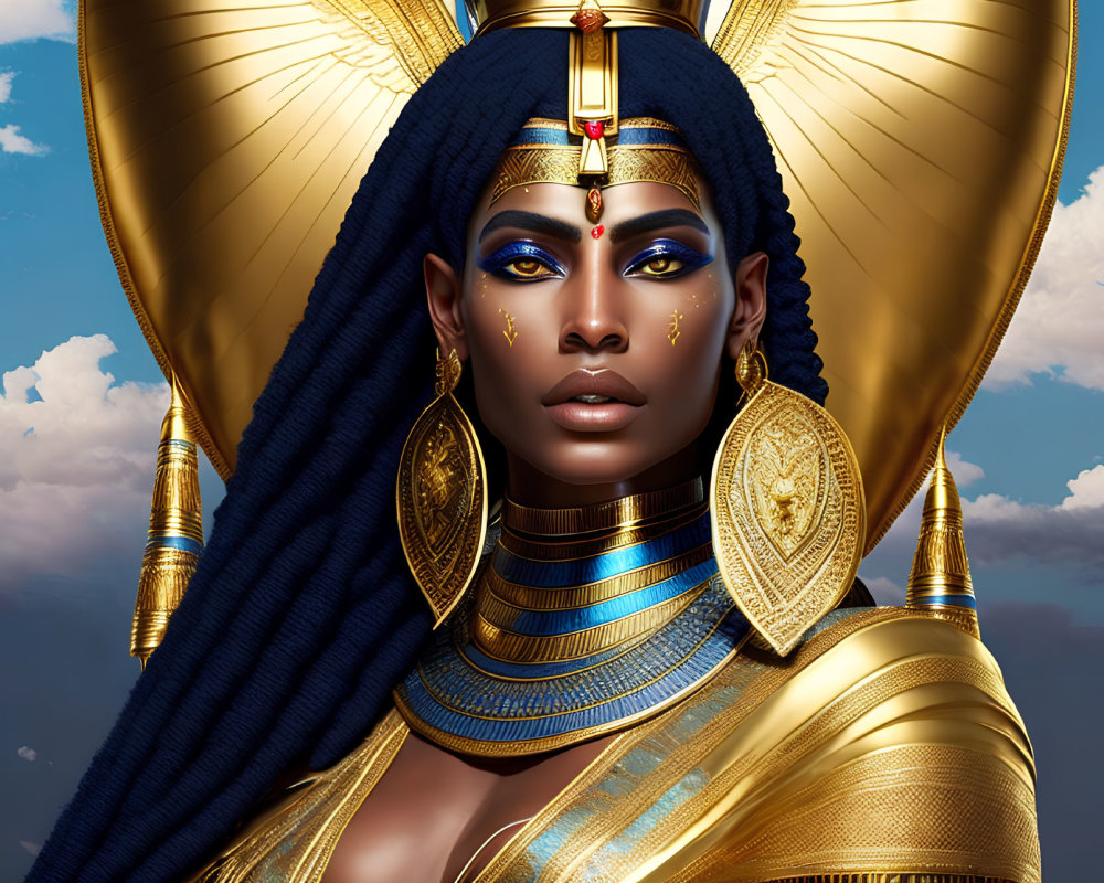 Egyptian-inspired digital artwork of a woman in golden headdress & attire