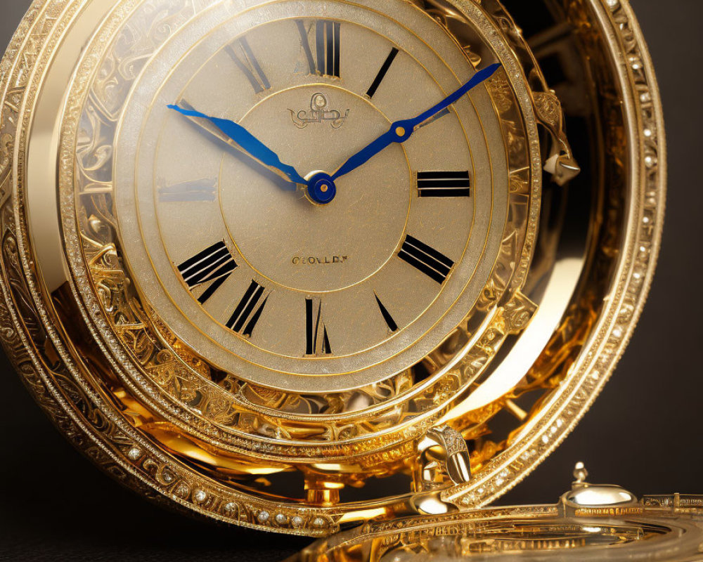 Luxurious Gold Pocket Watch with Ornate Detailing and Blue Hands
