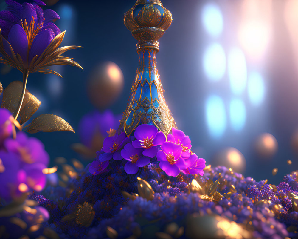 Golden vase with purple flowers in warm sunlight and bokeh lights
