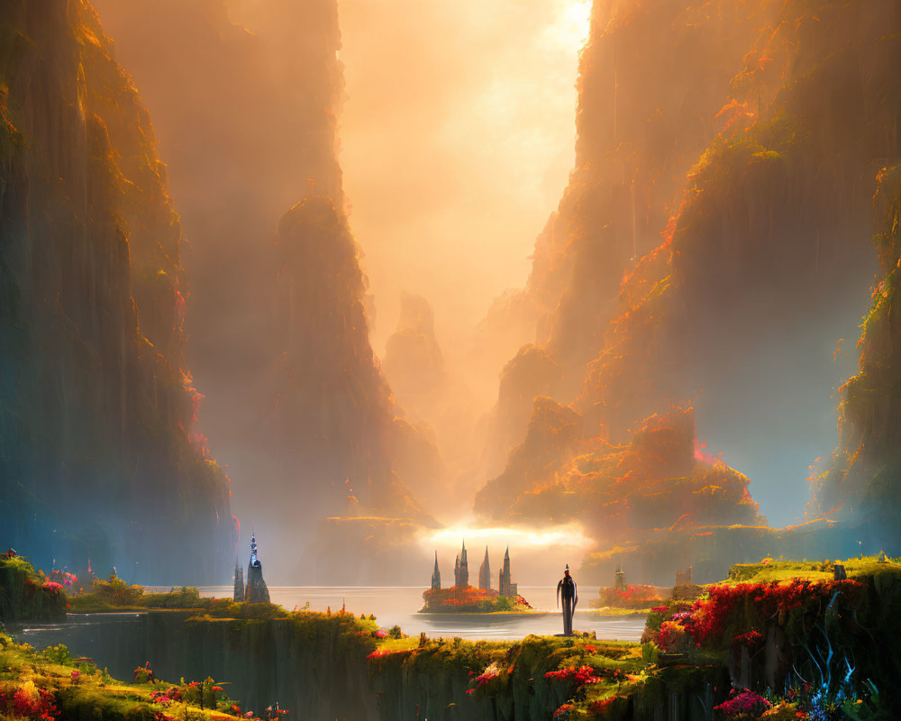 Mystical valley with towering cliffs, radiant sunrise, vivid flora, calm waters, and distant castle