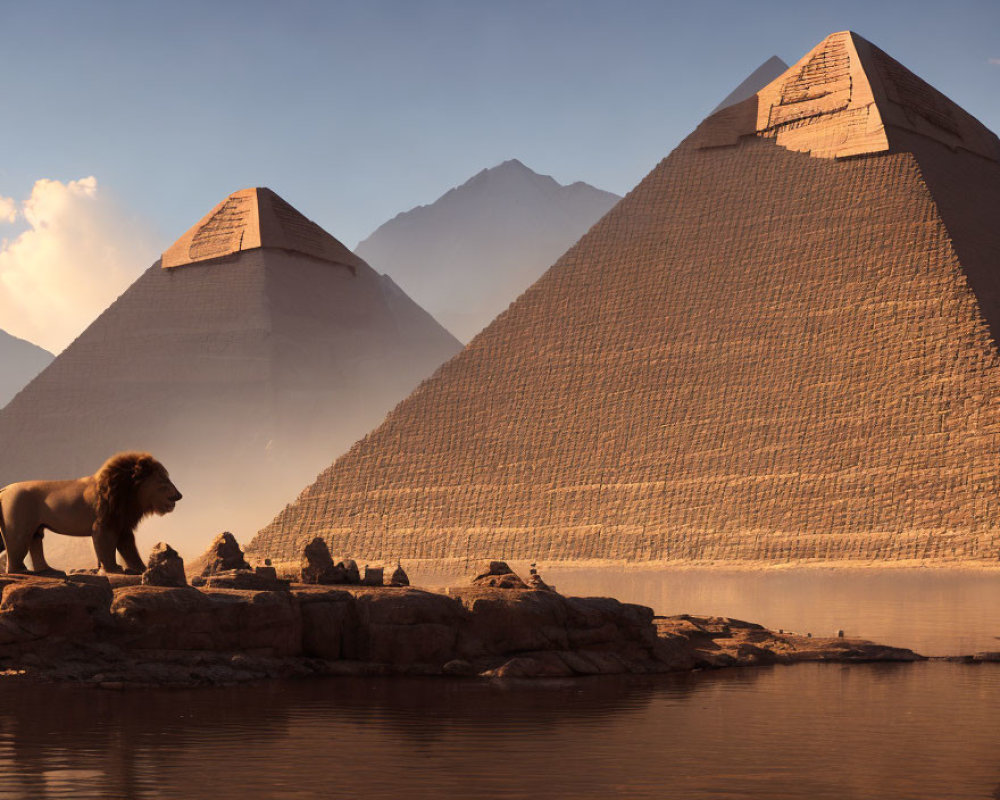 Lion by Water with Great Pyramids at Sunset