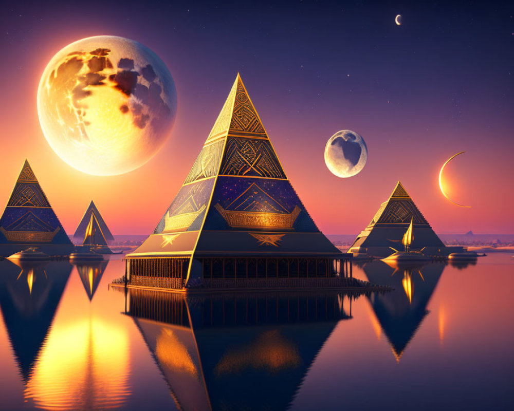 Intricate Patterns on Futuristic Pyramids Reflecting in Water