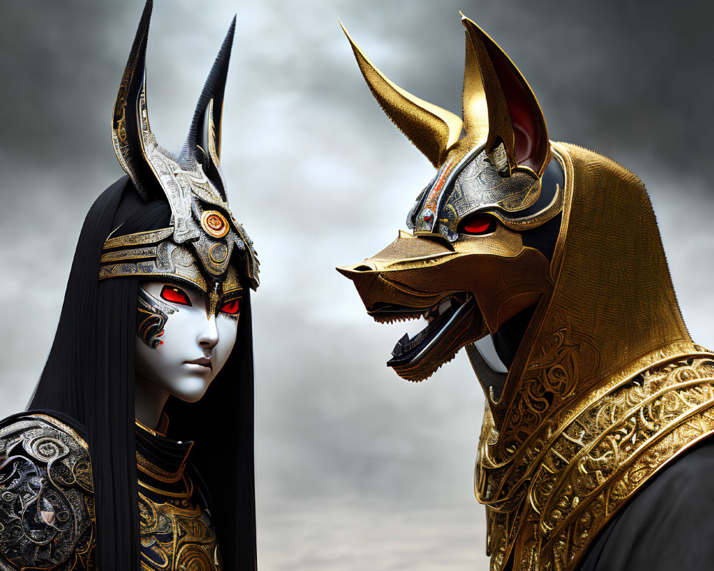 Intricate armor and masks on figures in golden wolf and kabuki-like styles against cloudy backdrop
