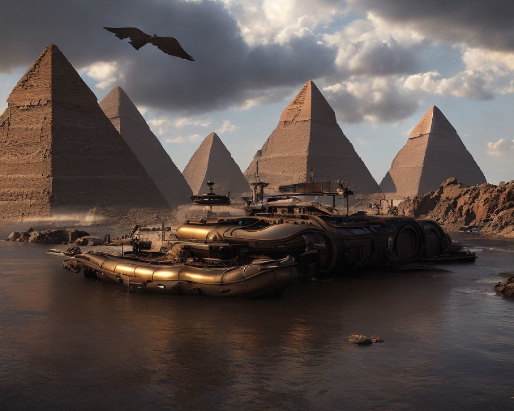 Futuristic submarine at Egyptian pyramids under dramatic sky