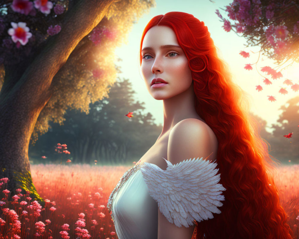 Vivid red-haired woman with angelic wings in blooming field at sunset