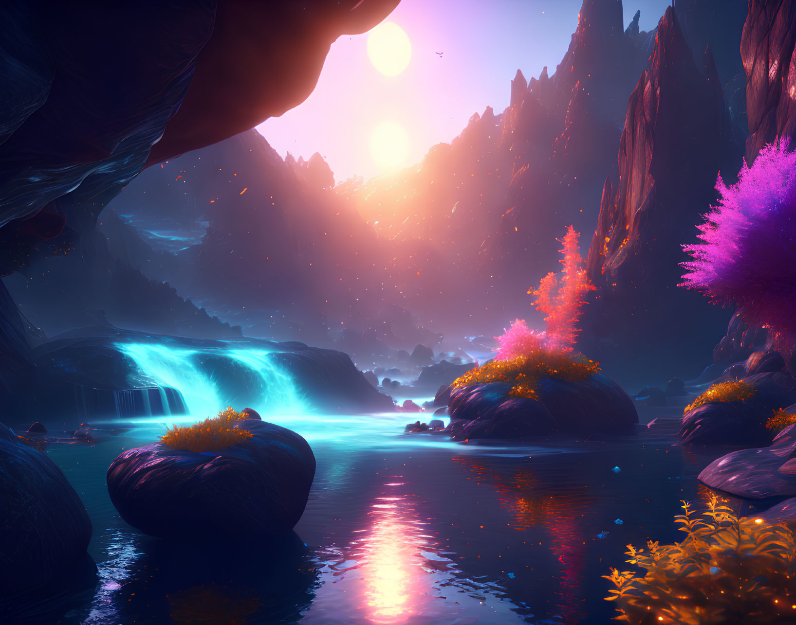 Mystical landscape with neon flora, serene river, waterfalls, pink sunset, mountains, star