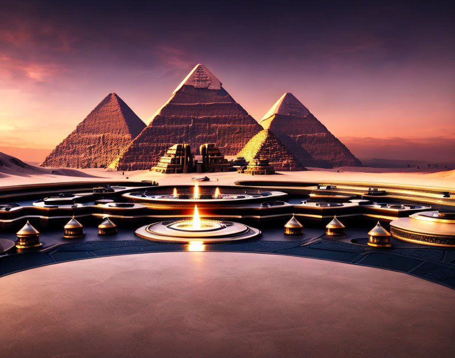Futuristic Egyptian Pyramids with glowing core and circular designs at sunset