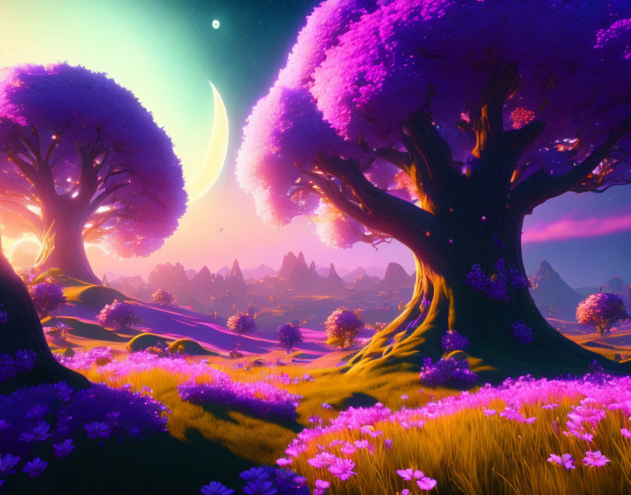 Vivid purple trees under luminous crescent moon in radiant sky