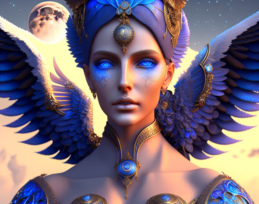 Detailed fantasy artwork of blue-skinned female figure with wings and gold jewelry in moonlit sky