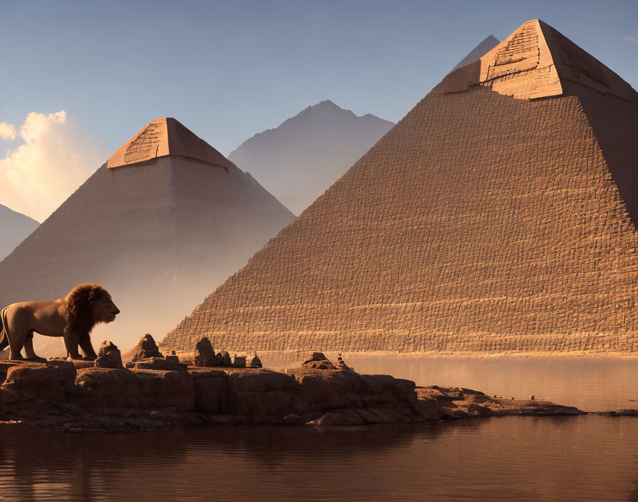 Lion by Water with Great Pyramids at Sunset
