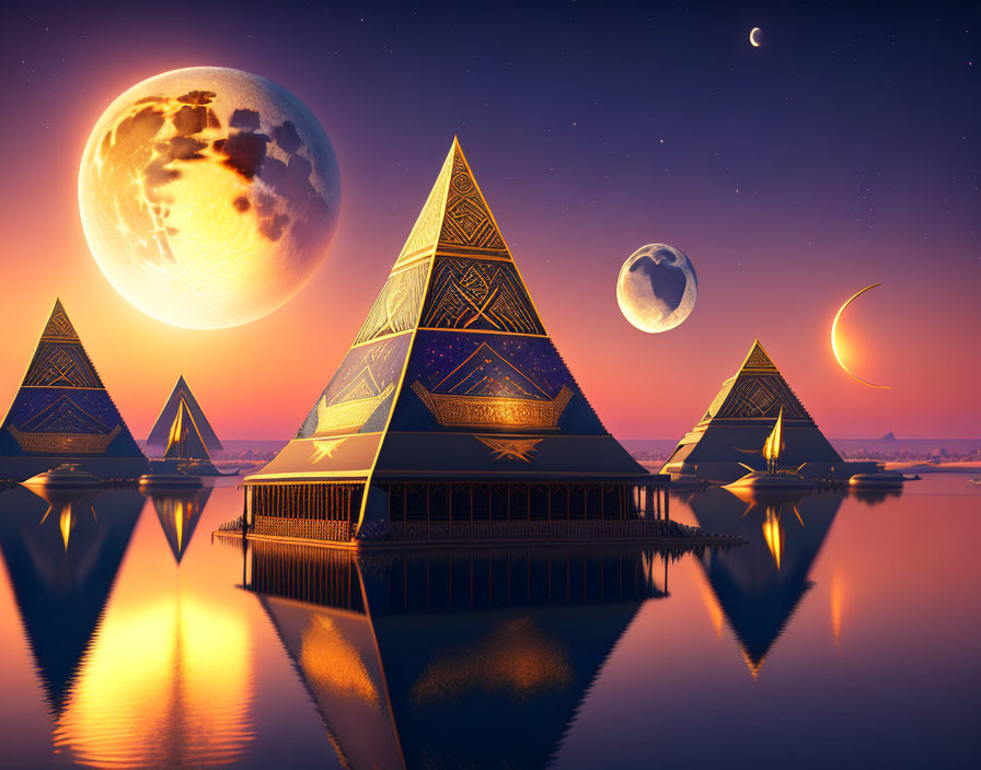 Intricate Patterns on Futuristic Pyramids Reflecting in Water