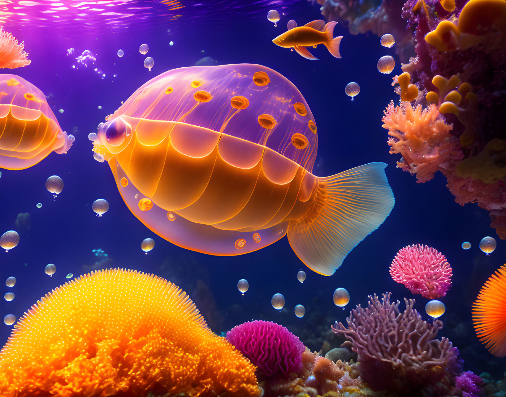 Colorful Underwater Scene with Golden Fish and Coral Reefs