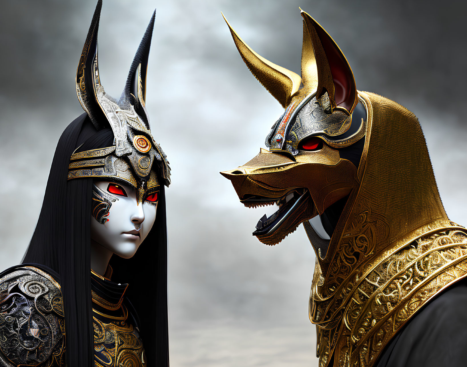 Intricate armor and masks on figures in golden wolf and kabuki-like styles against cloudy backdrop