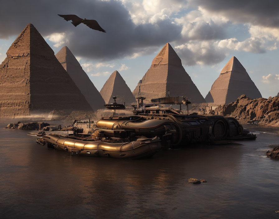 Futuristic submarine at Egyptian pyramids under dramatic sky