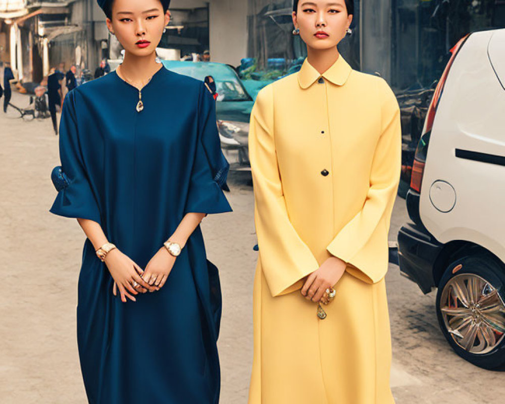 Two women in blue and yellow dresses on city street.