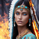 Woman with Blue Eyes in Native American Headdress Surrounded by Flames