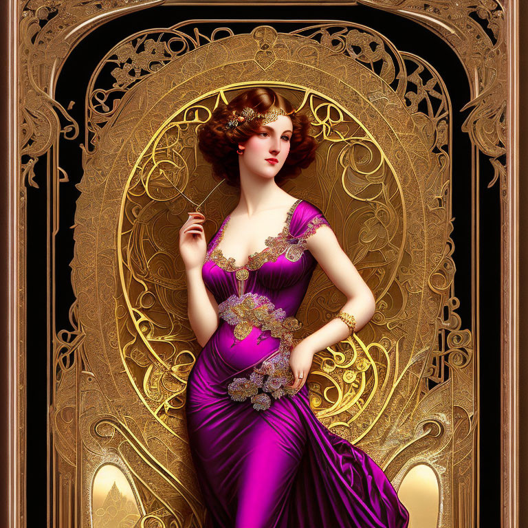 Digital Art: Woman in Purple Dress with Gold Embroidery on Art Nouveau Background