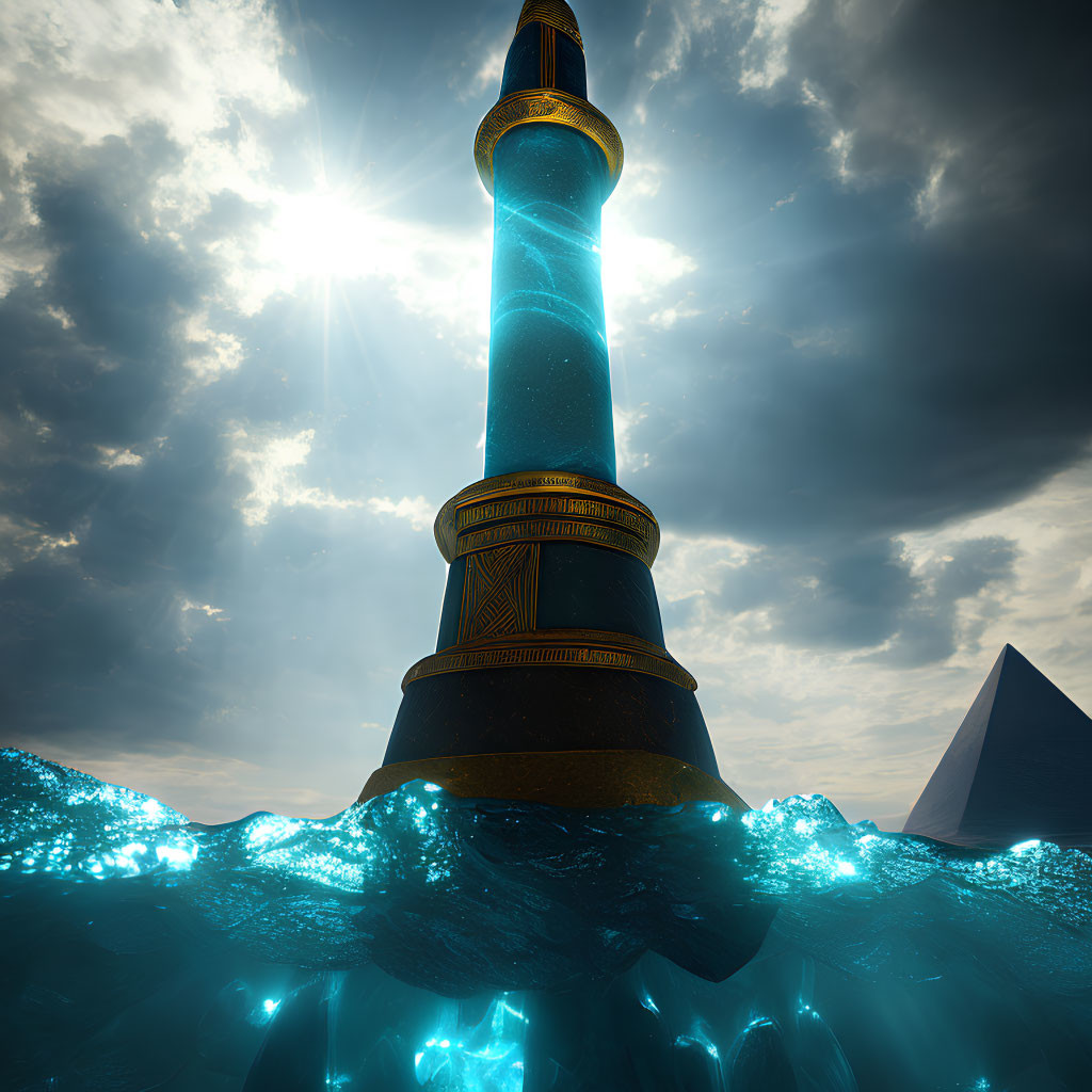 Futuristic obelisk emitting blue energy beam in dramatic sky