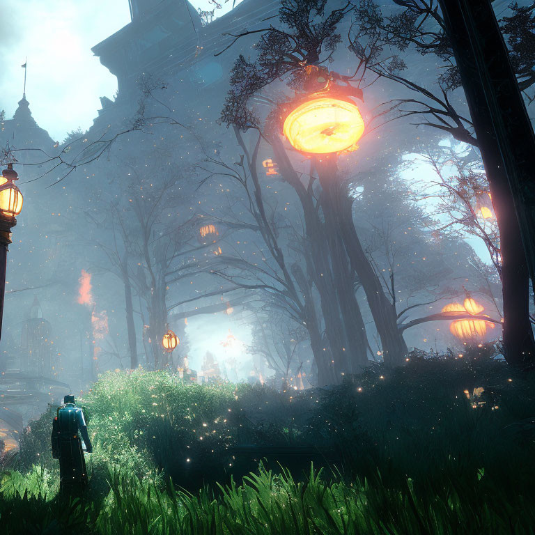 Mystical forest scene with glowing orbs, lanterns, and ethereal light