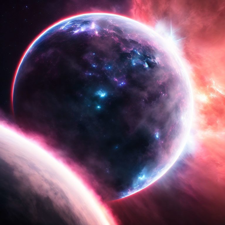 Glowing planet in vibrant space scene with pink and red nebulae