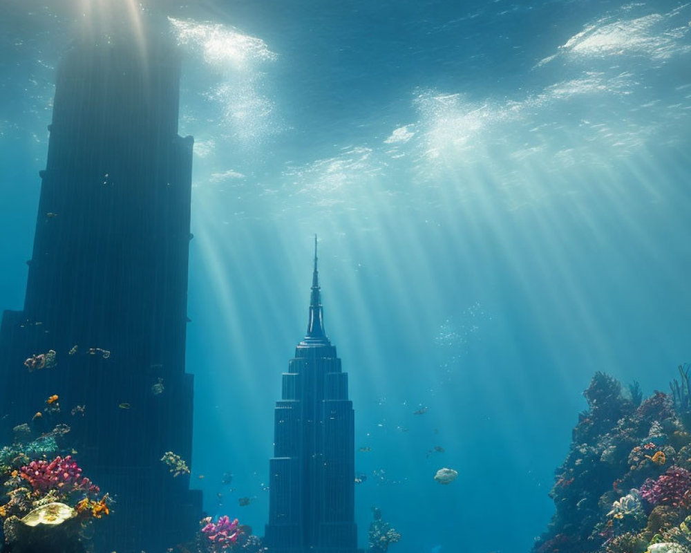 Skyscraper surrounded by coral reefs and fish in underwater scene