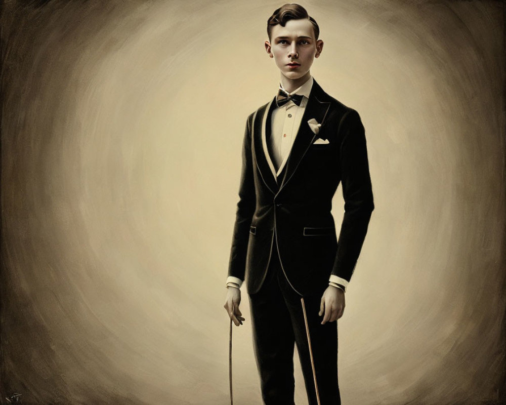 Young man in vintage black tuxedo with bow tie and white gloves holding walking stick on sepia