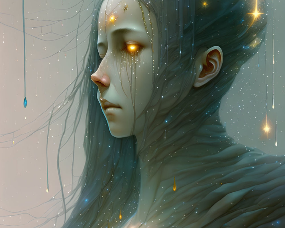 Digital artwork: Contemplative woman with glowing stars and teardrop lights in hair