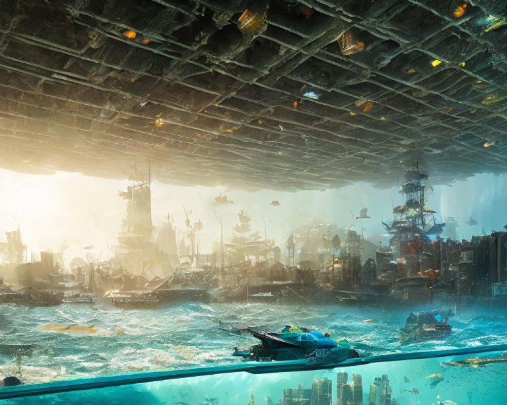 Futuristic inverted cityscape over water with submerged skyscrapers