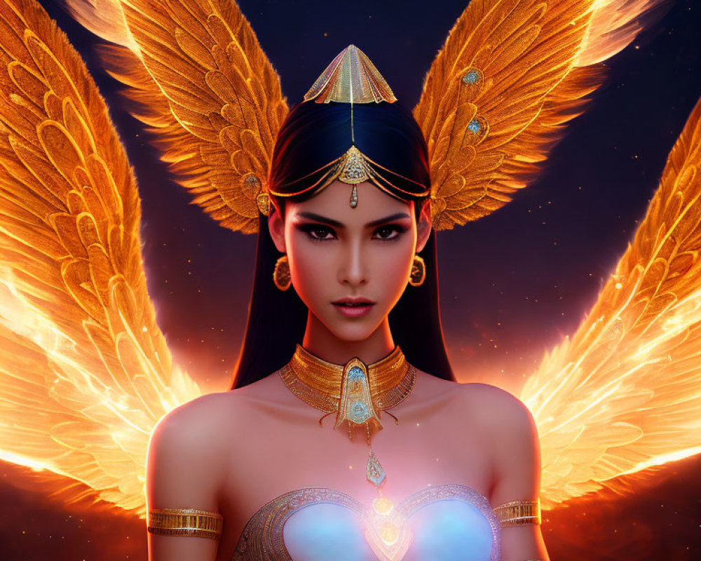 Digital artwork: Woman with golden fiery wings and Egyptian jewelry in twilight sky