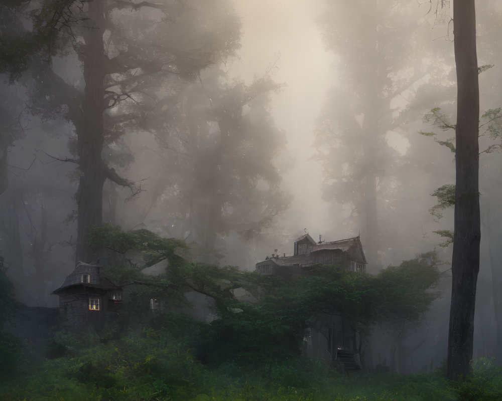 Misty Forest with Sunbeams on Old, Mystical House