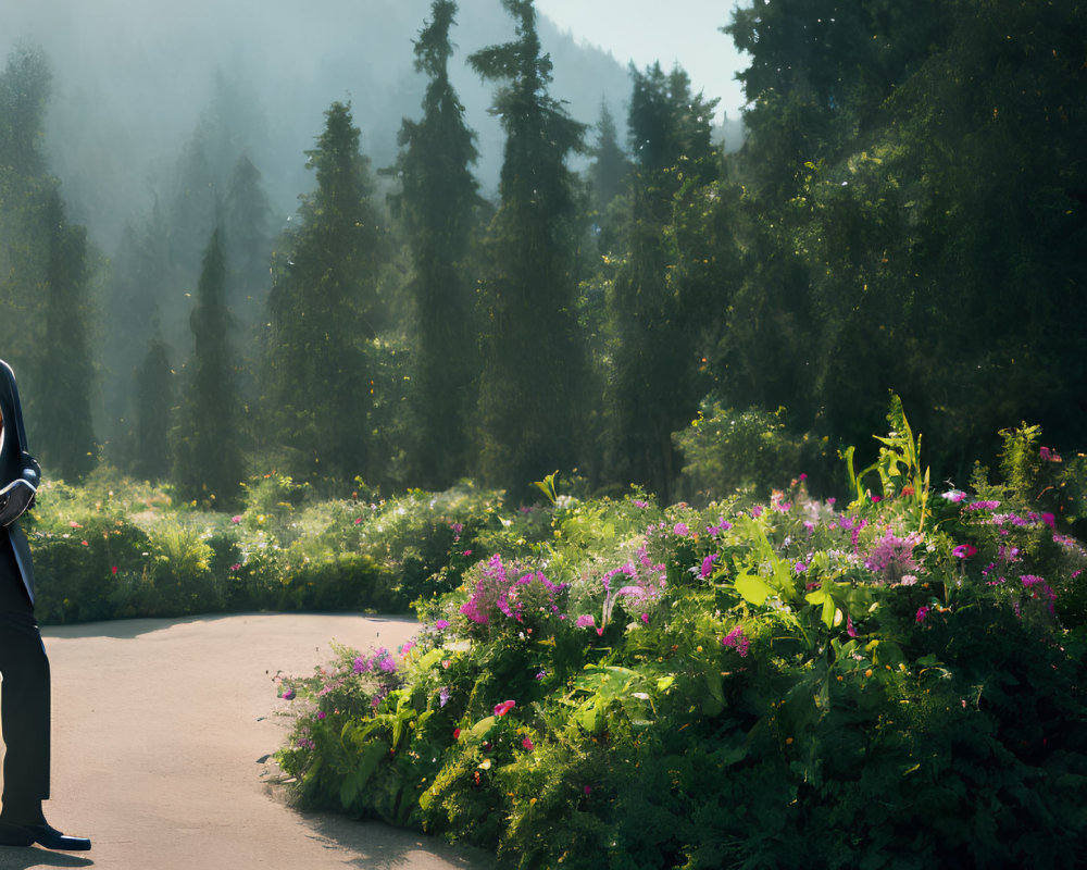 Person standing on sunlit path surrounded by vibrant flowers, towering trees, and misty forest.